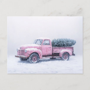 Vintage-Rosa-LKW-Weihnachtsbaum-Schneesturm-Kunst Postkarte