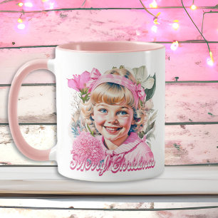 Vintage-Rosa-Mädchen-Blumen-Frohe Weihnachten Tasse