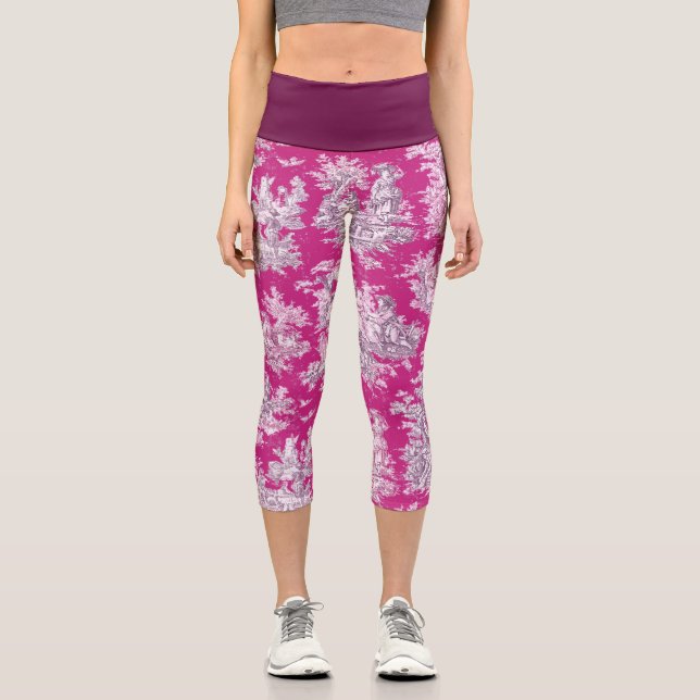 Vintage Rosa Magenta Toile de jouy Capri Leggings (Vorderseite)