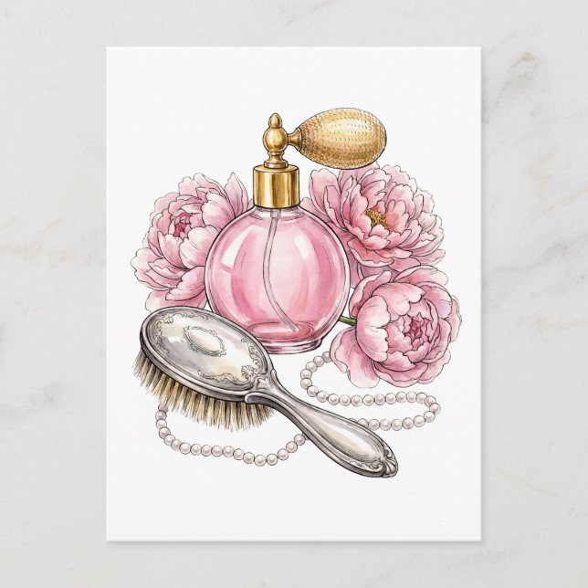 Vintage rosa Parfümflasche & Perlen Postkarte (Vorderseite)