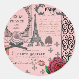 Vintage Rosa Paris Collage Runder Aufkleber