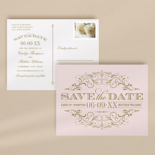 Vintage Rosa Pastell Gold-Rocken Save the Date Ankündigungspostkarte