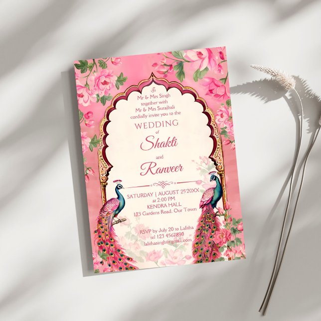Vintage rosa Pfauen Indianerhochzeit Einladung (Vintage pink peacocks arch frame Indian wedding Invitation editable template instant download)