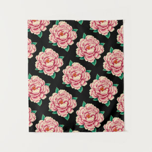 Vintage-Rosa-Pfingstrose-Blumenmuster Schwarz  Wandteppich