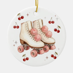 Vintage rosa Rollschuhe und Kirschen Keramik Ornament