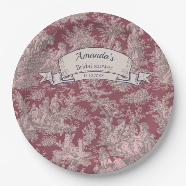 Vintage Rosa-Rosa-Dusche Pappteller (Vorderseite)