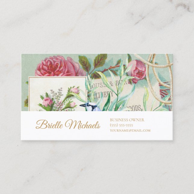 Vintage Rosa-Rose aus Ephemera mit Goldschrift Visitenkarte (Vorderseite)