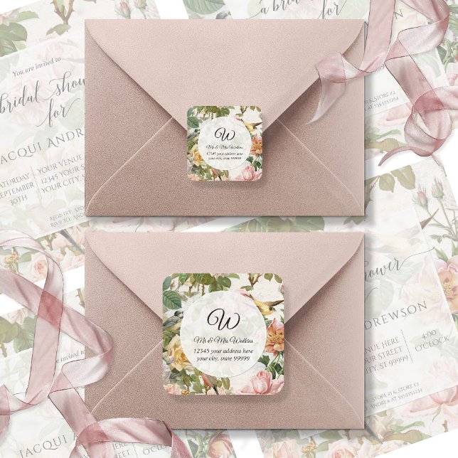 Vintage Rosa Rose Floral Monogramm Rücksendeadress Runder Aufkleber (Von Creator hochgeladen)