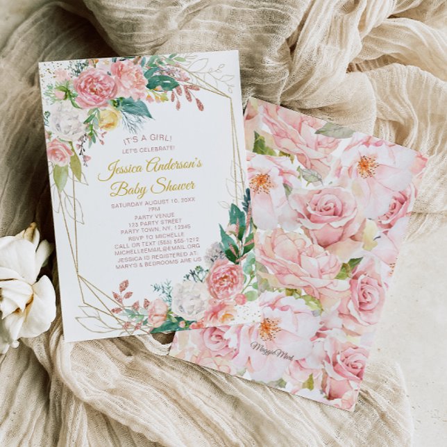 Vintage Rosa-Rose-Wasserfarben-Blütendusche Einladung (Von Creator hochgeladen)