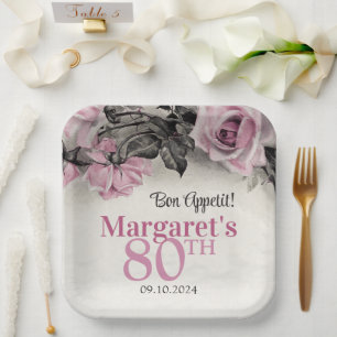 Vintage rosa Rosen 80. Geburtstag Pappteller