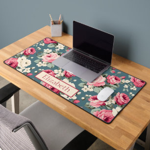 Vintage rosa Rosen auf personalisiertem Tiefblau Schreibtischunterlage