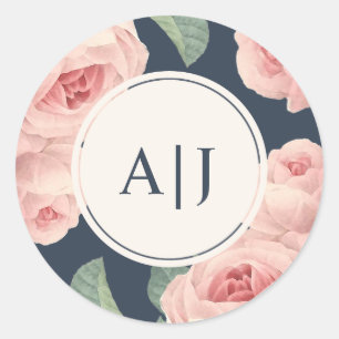 Vintage-Rosa-Rosen-Blumen-Dunkelblau-Monogramm Runder Aufkleber