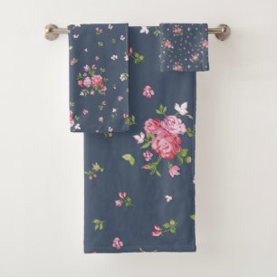 Vintage-Rosa-Rosen-Blumenmuster-Navyblau Badhandtuch Set