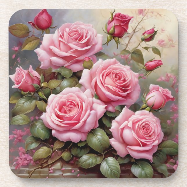 Vintage-Rosa Rosen Getränkeuntersetzer (Vorderseite)