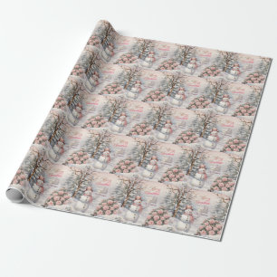 Vintage-Rosa-Rosen, Schneemann-Weihnachtsdorf Geschenkpapier