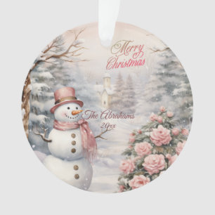 Vintage-Rosa-Rosen, Schneemann-Weihnachtsdorf Ornament