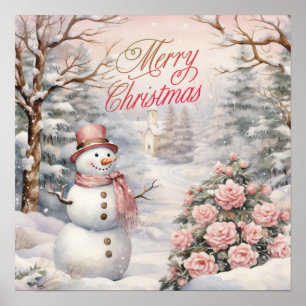 Vintage-Rosa Rosen, Schneemann-Weihnachtsdorf Poster