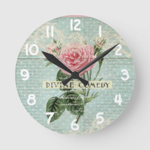 Vintage rosa Rosen und französisches Schreiben Runde Wanduhr