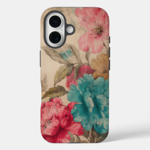 Vintage-Rosa-Rot-Blau-Aquarell-Blumen  iPhone 16 Hülle
