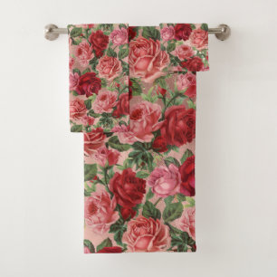 Vintage Rosa Rote Blüte auf Rosa Rose Gold Badhandtuch Set
