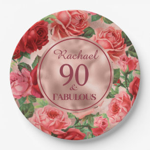 Vintage, rosa Rote Rosen 90 und Fabelpapierplatte Pappteller