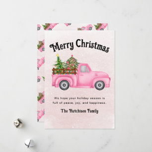 Vintage rosa roter LKW Weihnachtsbaum Fröhlich Feiertagskarte