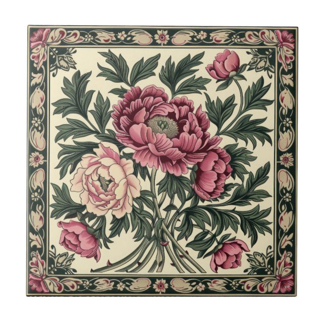 Vintage Rosa & Salbeigrün William Morris Pfingstro Fliese (Vorderseite)