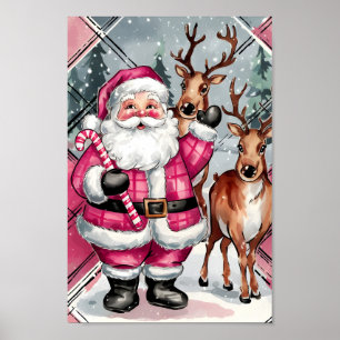 Vintage Rosa Santa Reindei Poster