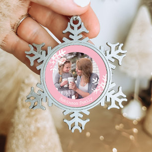 Vintage-Rosa-Schneeflocken-Foto-Monogramm Schneeflocken Zinn-Ornament