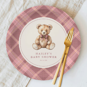 Vintage-Rosa-Schotten-Teddybär-Baby-Shower Pappteller