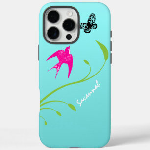 Vintage Rosa Schwalbe Vogel Schmetterling Blau Omb iPhone 16 Pro Max Hülle