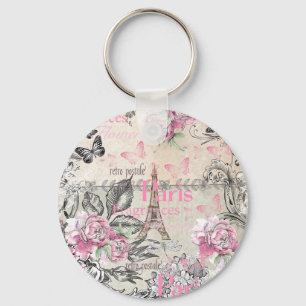 Vintage rosa schwarze Floral Paris Eiffelturm Typo Schlüsselanhänger