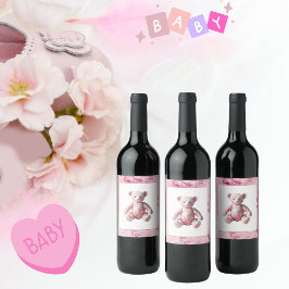 Vintage Rosa Toile Teddy Bear Celebration Weinetikett