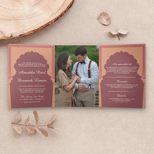 Vintage Rosa Traditionelle Indische Hochzeitsbögen Dreifach Gefaltete Einladung