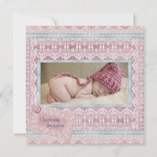 Vintage Rosa Türkis Baby Mädchen Foto Taufe Einladung