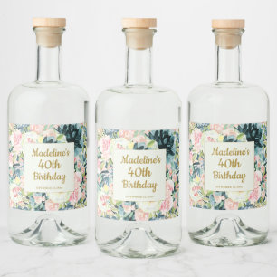 Vintage Rosa Türkis Blumen 40. Geburtstag Erwachse Alkoholflaschenetikett