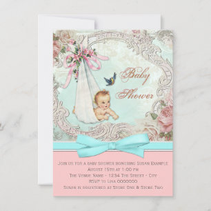 Vintage Rosa und Aquamarine Blue Baby Dusche Einladung