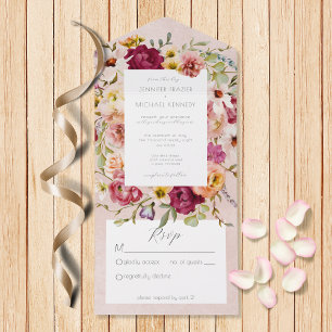 Vintage Rosa und Gelbe Blumen auf Rosa Ohne Abende All In One Einladung