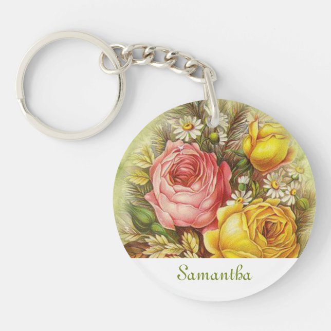 Vintage Rosa und Gelbe Rosen hinzufügen Schlüsselanhänger (Vorderseite)