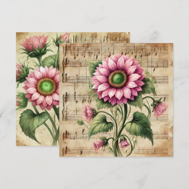 Vintage Rosa- und grüne Sonnenblumenschmiede Einladung (Vorne/Hinten)