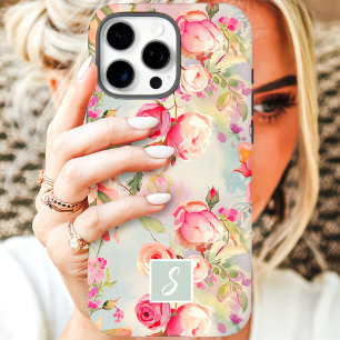Vintage rosa und pfirsichfarbene floral Monogramm iPhone 16 Pro Max Hülle