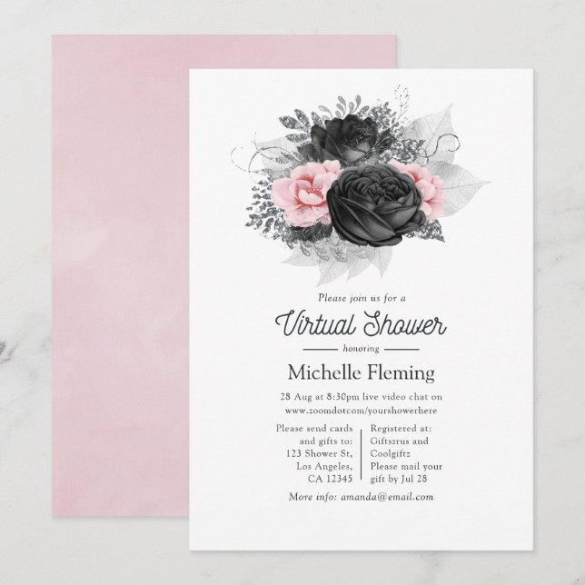 Vintage Rosa und Schwarze Rose Virtual Dusche Einladung (Vorne/Hinten)