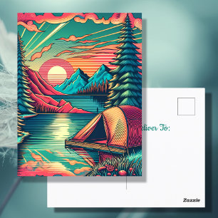 Vintage Rosa und Türkis Camping Geburtstagsthema Postkarte