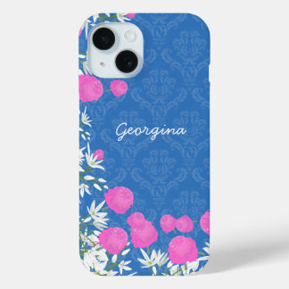 Vintage, rosa und weiße Blume mit Damask auf blau iPhone 15 Hülle