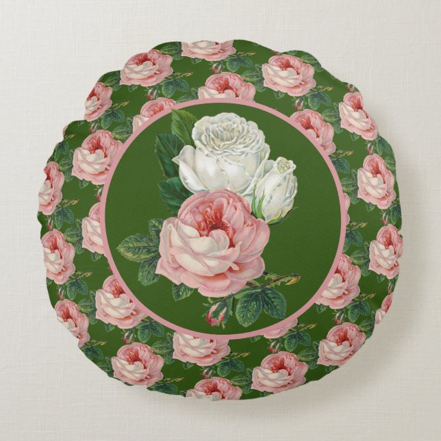 Vintage Rosa- und Weißrosenmuster Rundes Kissen (Vorderseite)