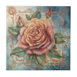 Vintage Rosa Wasserfarbe mit dekorativem Rahmen Fliese