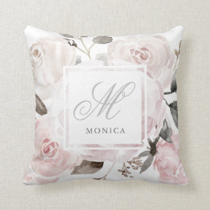 Vintage-Rosa-Wasserfarben-Rosen Monogramm Kissen