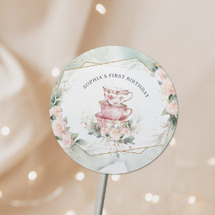 Vintage rosa Wasserfarben-Teeparty zum 1. Geburtst Runder Aufkleber
