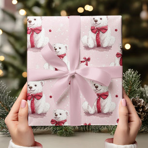 Vintage-Rosa-Weihnachtsbär mit roter Schleife Geschenkpapier