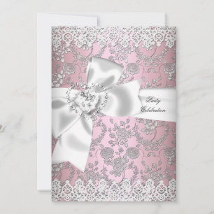 Vintage Rosa Weiße Spitze Damast Floral 3 Einladung